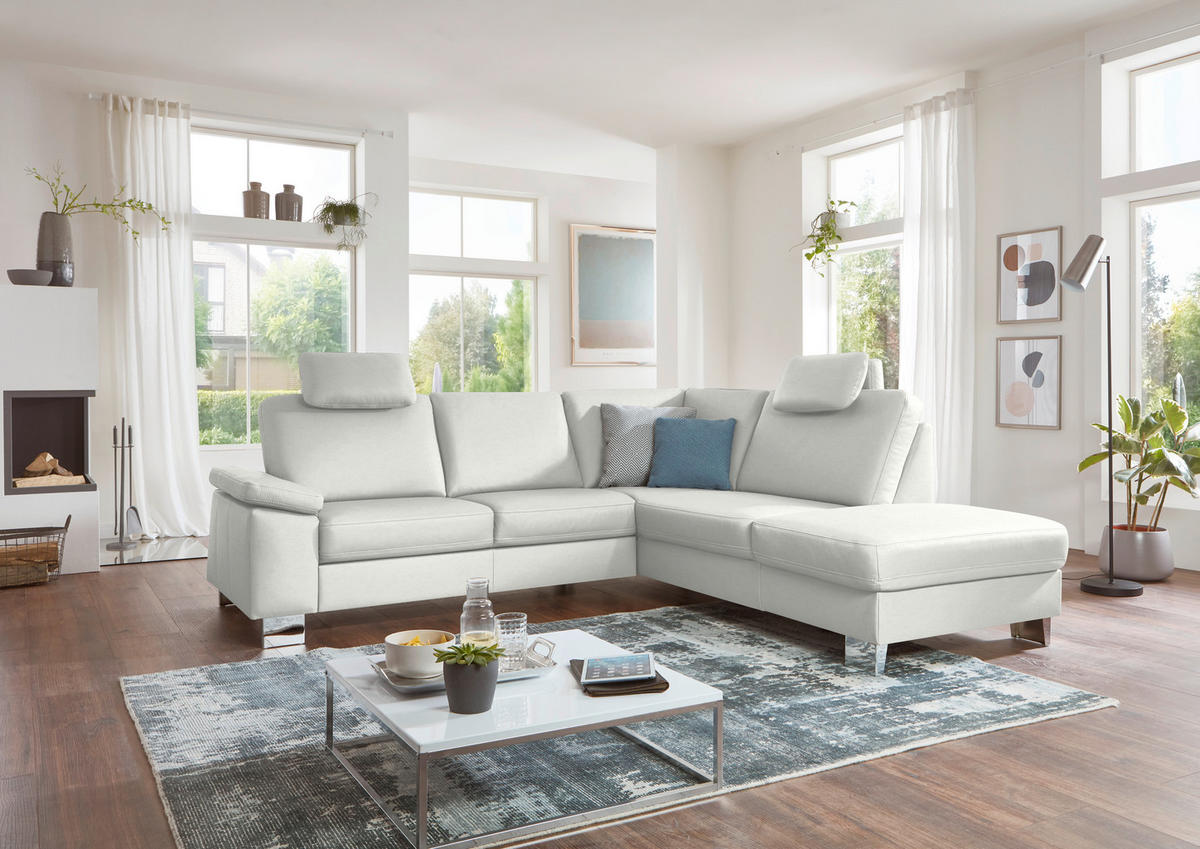 ECKSOFA  in Echtleder Weiß  248/235 cm  - Alufarben/Weiß, Design, Leder/Metall (248/235cm) - Beldomo Premium