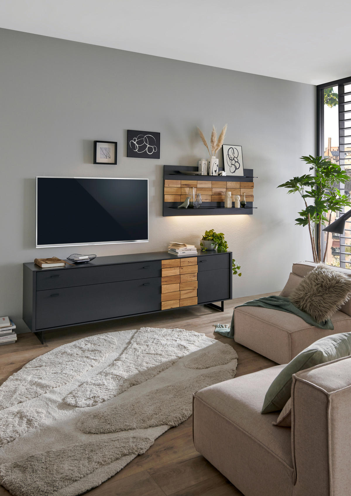 WOHNWAND  in Grau, Eichefarben  299,4/170,4/46,4 cm  - Eichefarben/Anthrazit, Design, Holz/Holzwerkstoff (299,4/170,4/46,4cm) - Novel