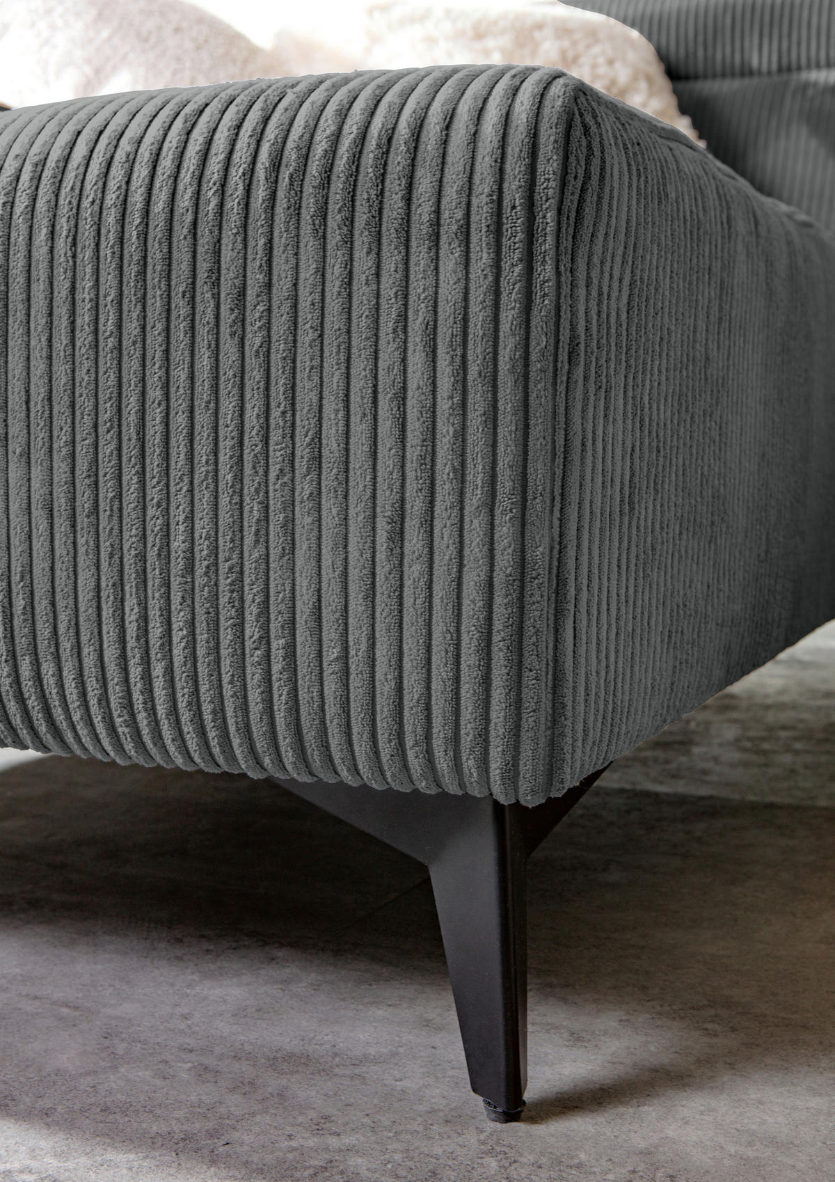 ECKSOFA Dunkelgrau Cord Rücken echt, Kopfteilverstellung, Sitzvorzug  - Dunkelgrau/Schwarz, KONVENTIONELL, Textil/Metall (170/257cm) - Carryhome