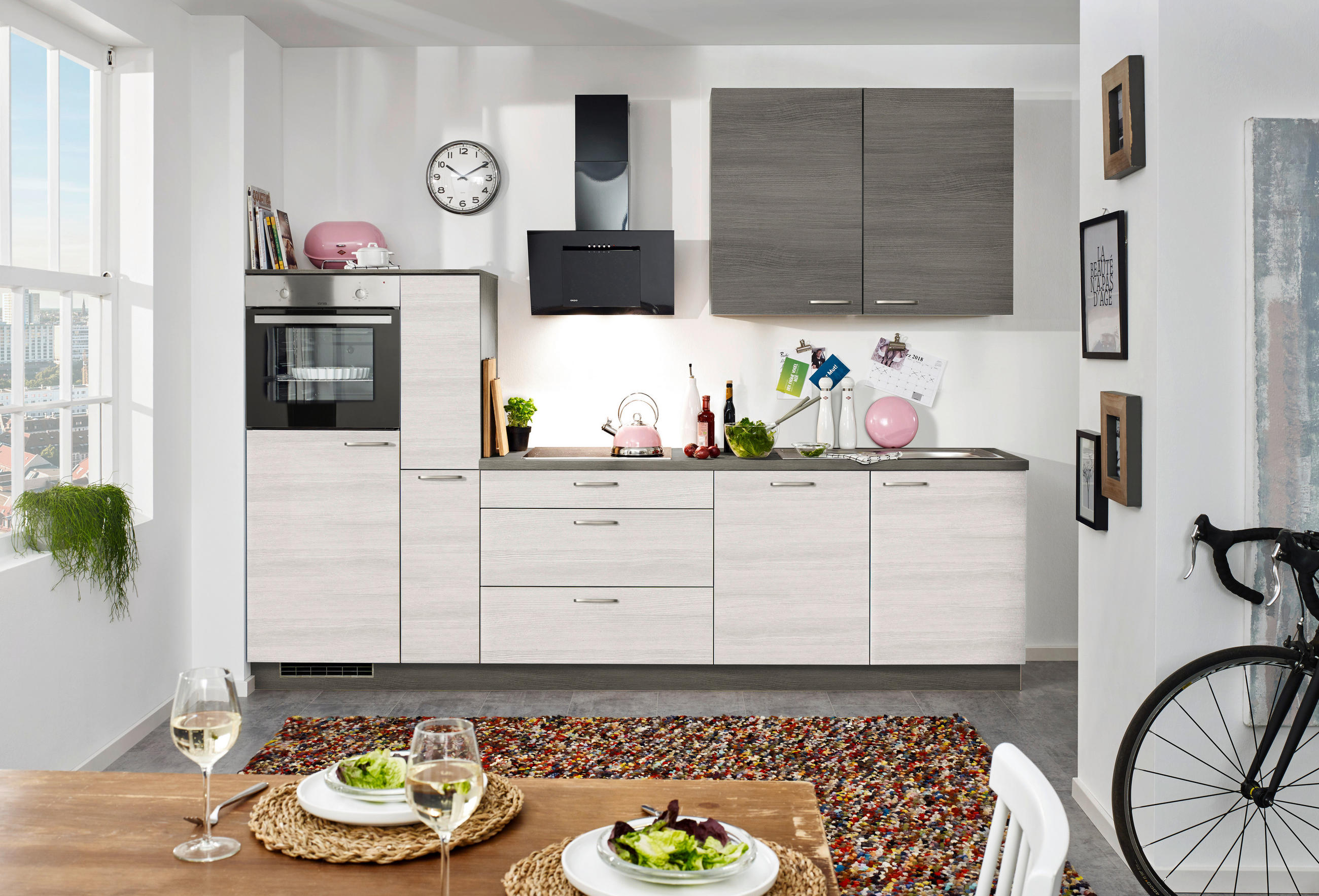 KÜCHENLEERBLOCK 300 cm   in Grau, Weiß, Eichefarben  - Edelstahlfarben/Eichefarben, Design, Holzwerkstoff/Metall (300cm) - Welnova
