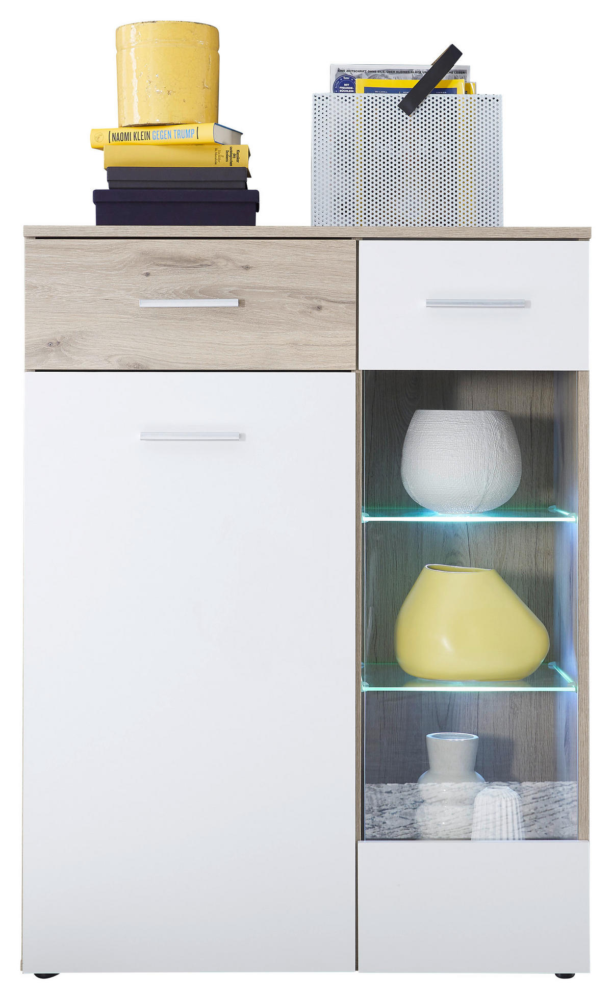 VITRINE  in Weiß, Eichefarben - Eichefarben/Silberfarben, Design, Glas/Holzwerkstoff (85/113/40cm) - MID.YOU