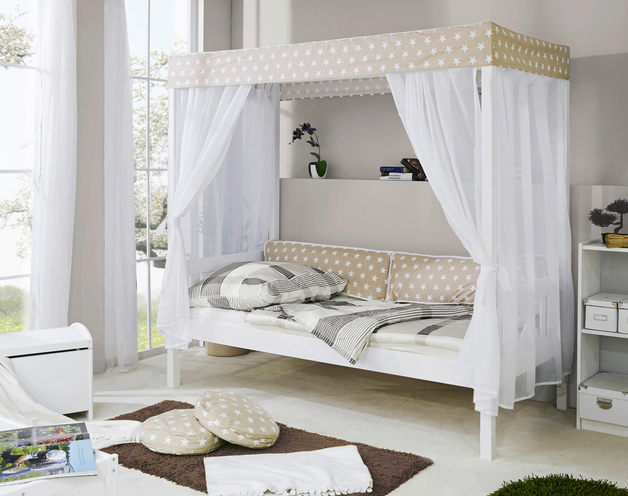 HIMMELBETT 90/200 cm  in Weiß, Beige  - Beige/Weiß, MODERN, Holz (90/200cm) - MID.YOU