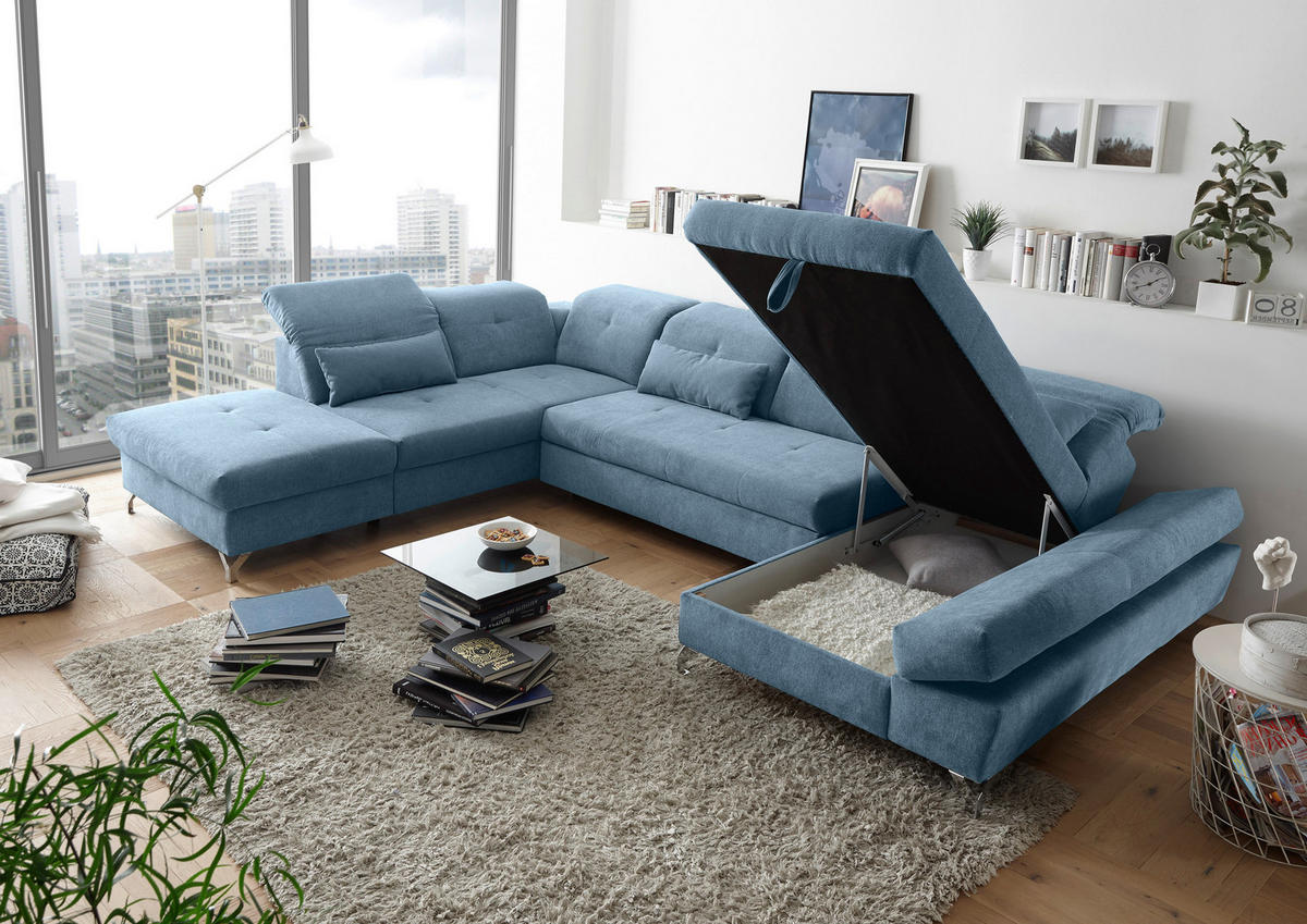 WOHNLANDSCHAFT in Mikrovelours Blau  - Blau/Silberfarben, Modern, Textil/Metall (245/350/168cm) - MID.YOU