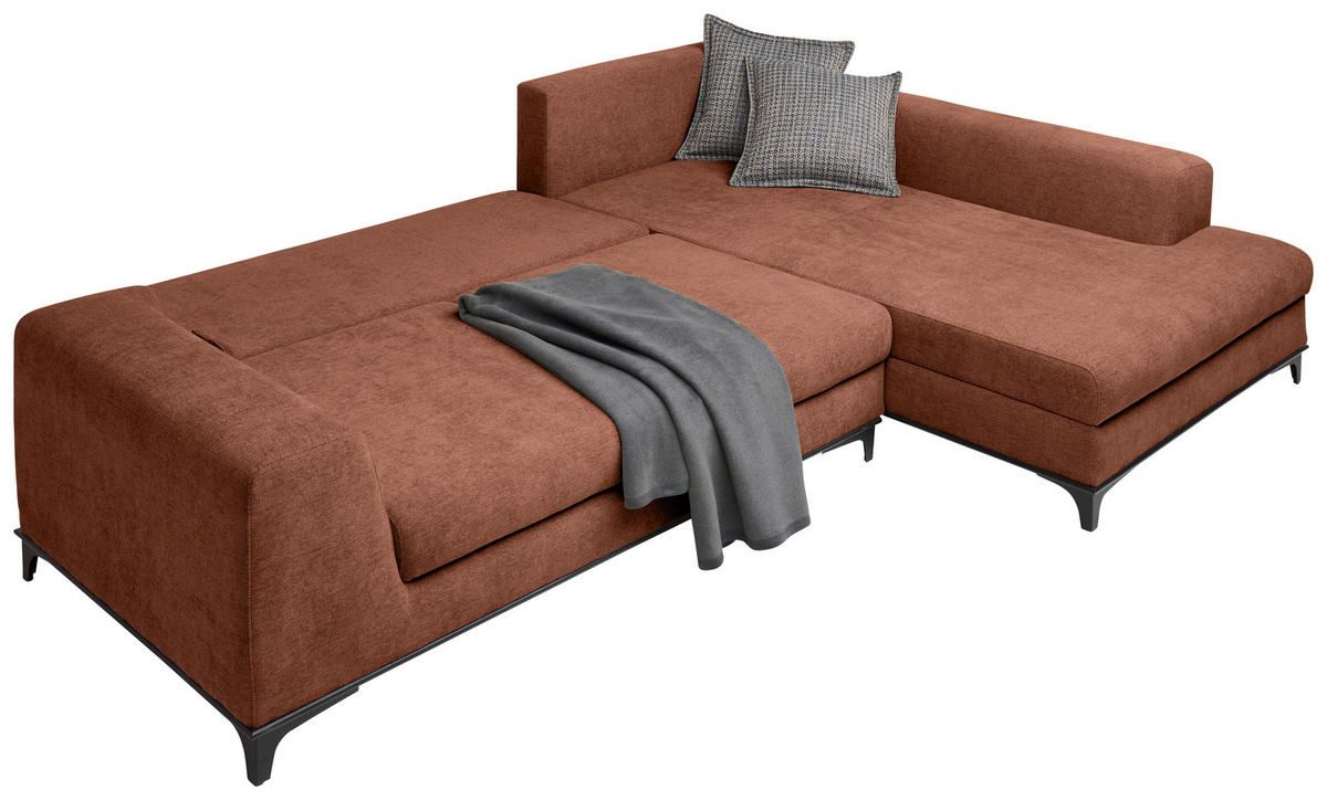 ECKSOFA inkl. Funktionen Terracotta Webstoff Rückenkissen, Bettkasten, Schlaffunktion, Rücken echt  - Wengefarben/Terracotta, Design, Holz/Textil (314/211cm) - Stylife