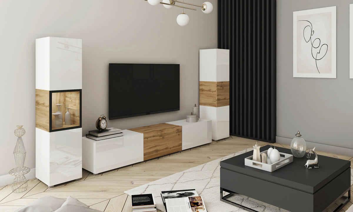 DNEVNI REGAL,  bela, hrast wotan  - hrast wotan/siva, Design, steklo/leseni material (240/130/31cm) - MID.YOU