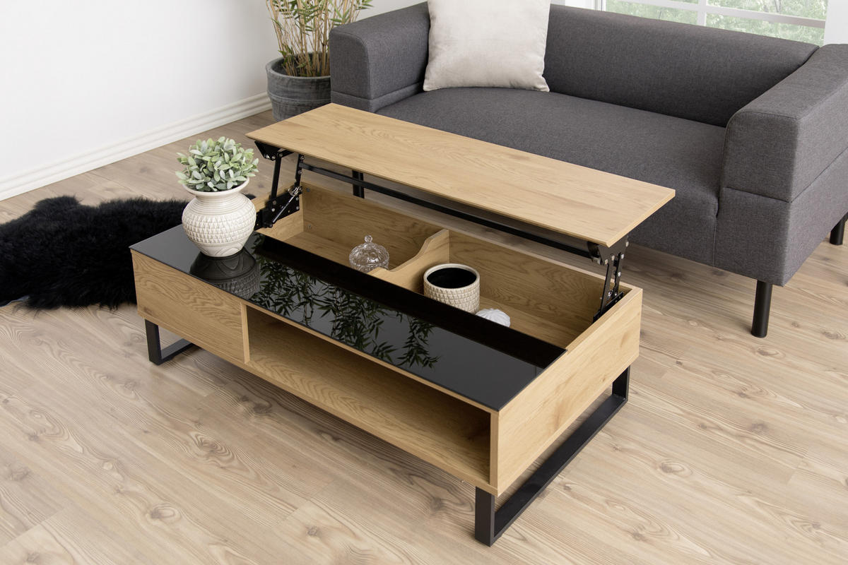 DOHÁNYZÓASZTAL fém, Üveg, faalapú anyag 110/60/35 cm   - fekete/tölgyfa, Design, faalapú anyag/Üveg (110/60/35cm) - Livetastic