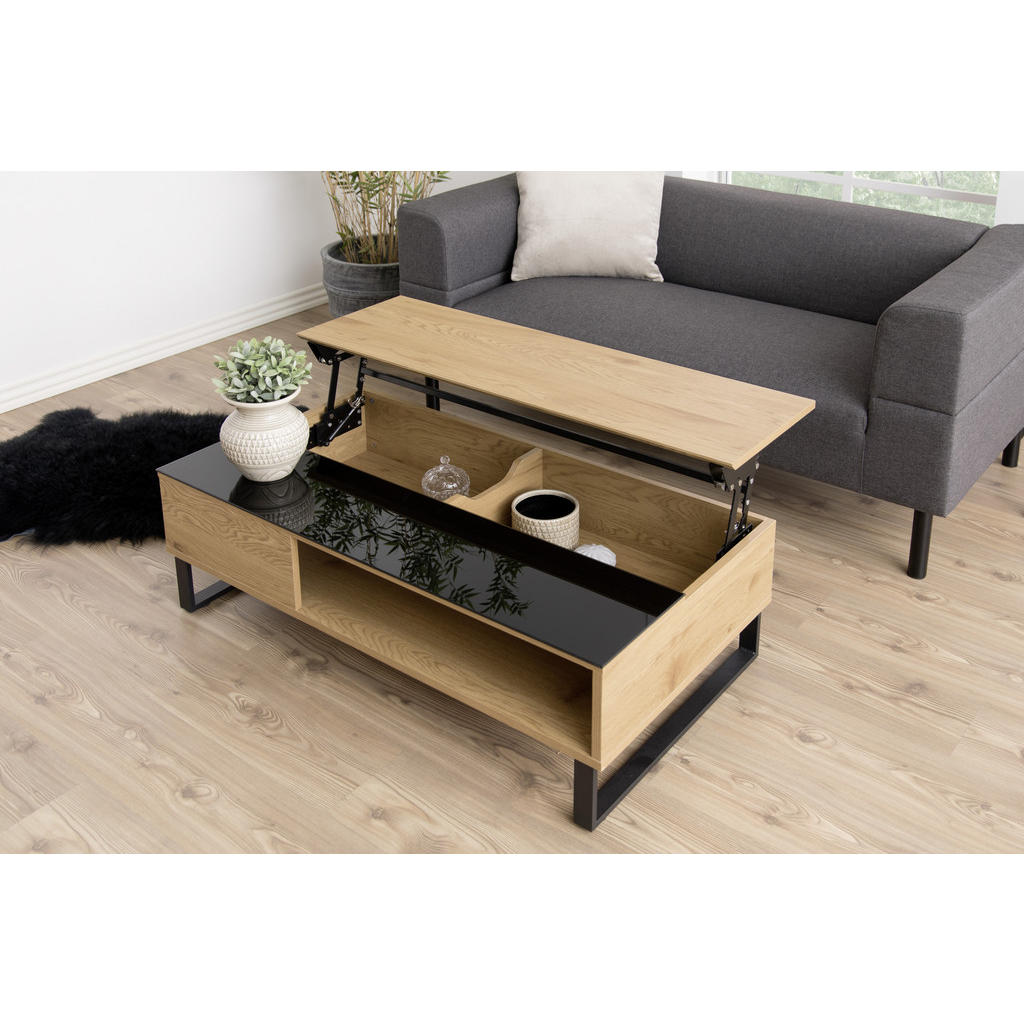 Thumbnail - Livetastic Couchtisch, Schwarz, Eiche, Metall, Glas, Holzwerkstoff, rechteckig, eckig, Kufe, 60x35x110 cm, Stauraum, Woh...