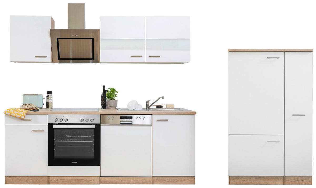 KÜCHENBLOCK 310 cm   in Weiß  - Edelstahlfarben/Eichefarben, Basics, Holzwerkstoff/Metall (310cm) - Respekta