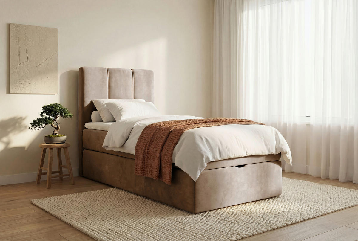 BOXBETT 70/200 cm,  in Braun, Matratze, gepolstertes Kopfteil, Bettkasten, Topper, H3 = fest  - Schwarz/Braun, Design, Holzwerkstoff/Kunststoff (70/200cm) - Esposa