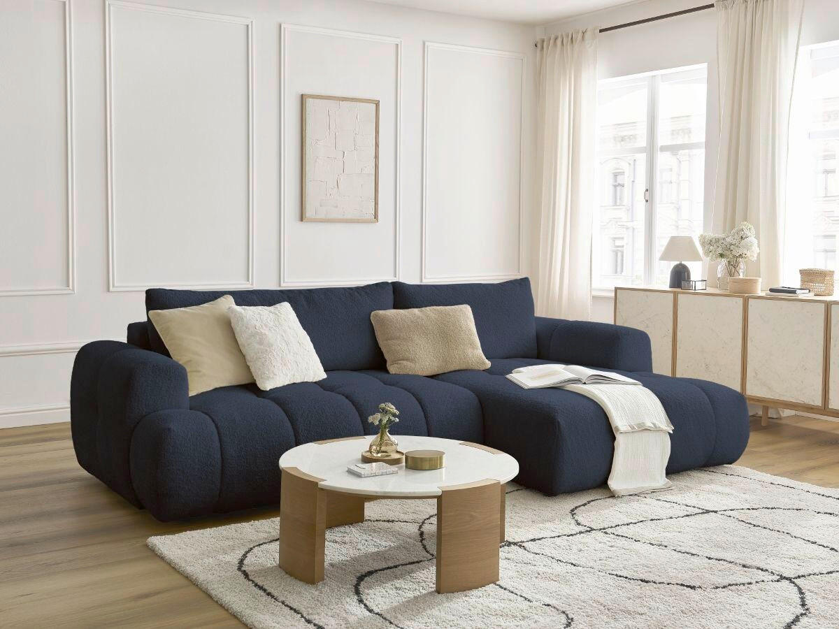 ECKSCHLAFSOFA FUJI Bouclé Dunkelblau  inkl.  - Schwarz/Dunkelblau, MODERN, Kunststoff/Textil (292/160cm)