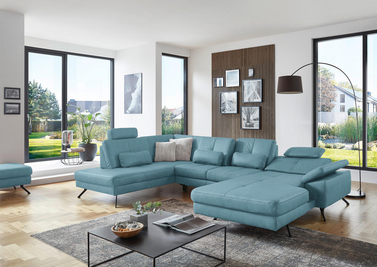WOHNLANDSCHAFT in Lederlook, Mikrofaser Blau  - Blau/Schwarz, Design, Textil/Metall (220/345cm) - Beldomo System