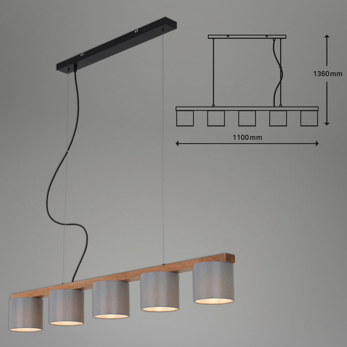 PENDELLEUCHTE Rhon 110/15/13,6 cm  - Schwarz/Grau, Basics, Holz/Kunststoff (110/15/13,6cm)