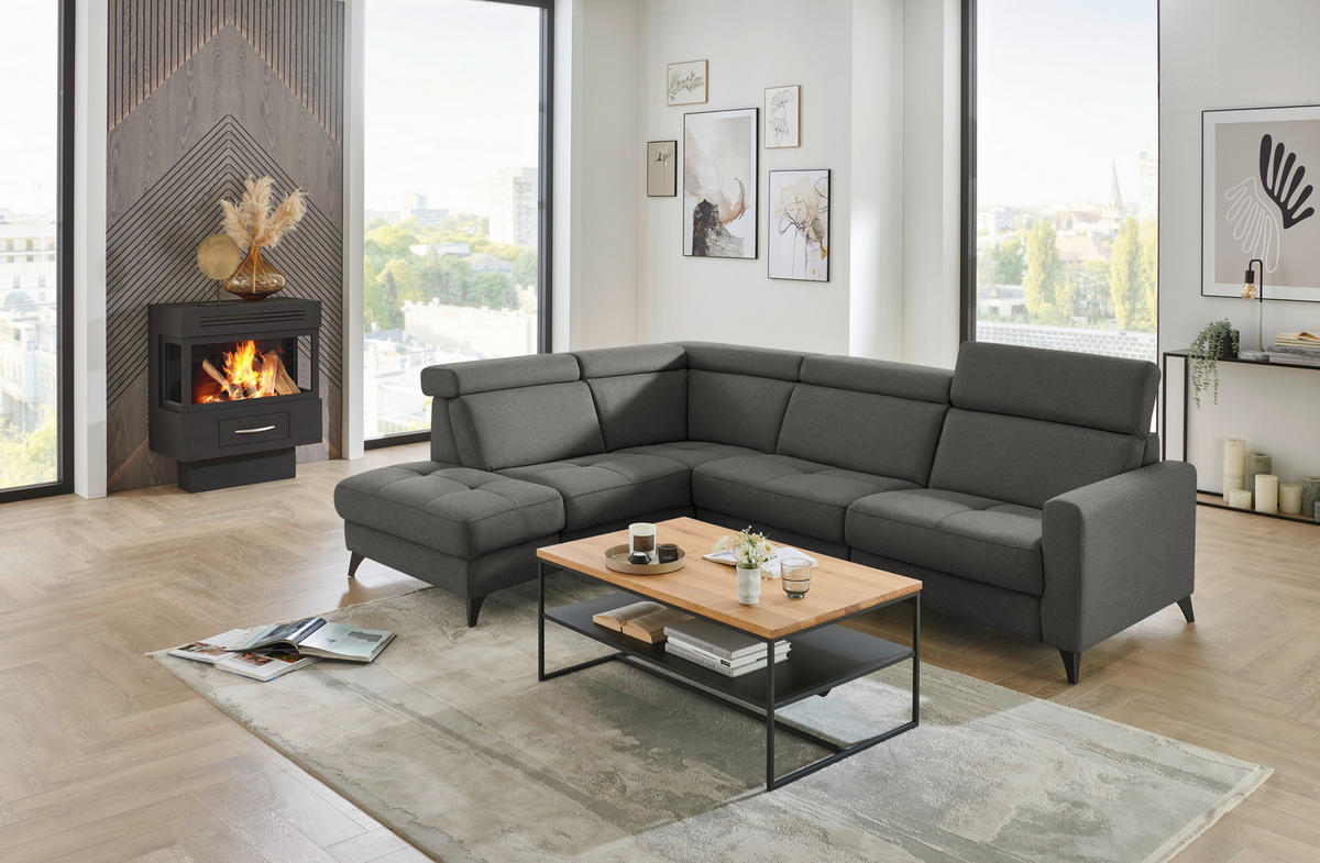 ECKSOFA Flachgewebe Anthrazit  - Anthrazit/Schwarz, Konventionell, Textil/Metall (214/276cm) - Beldomo System