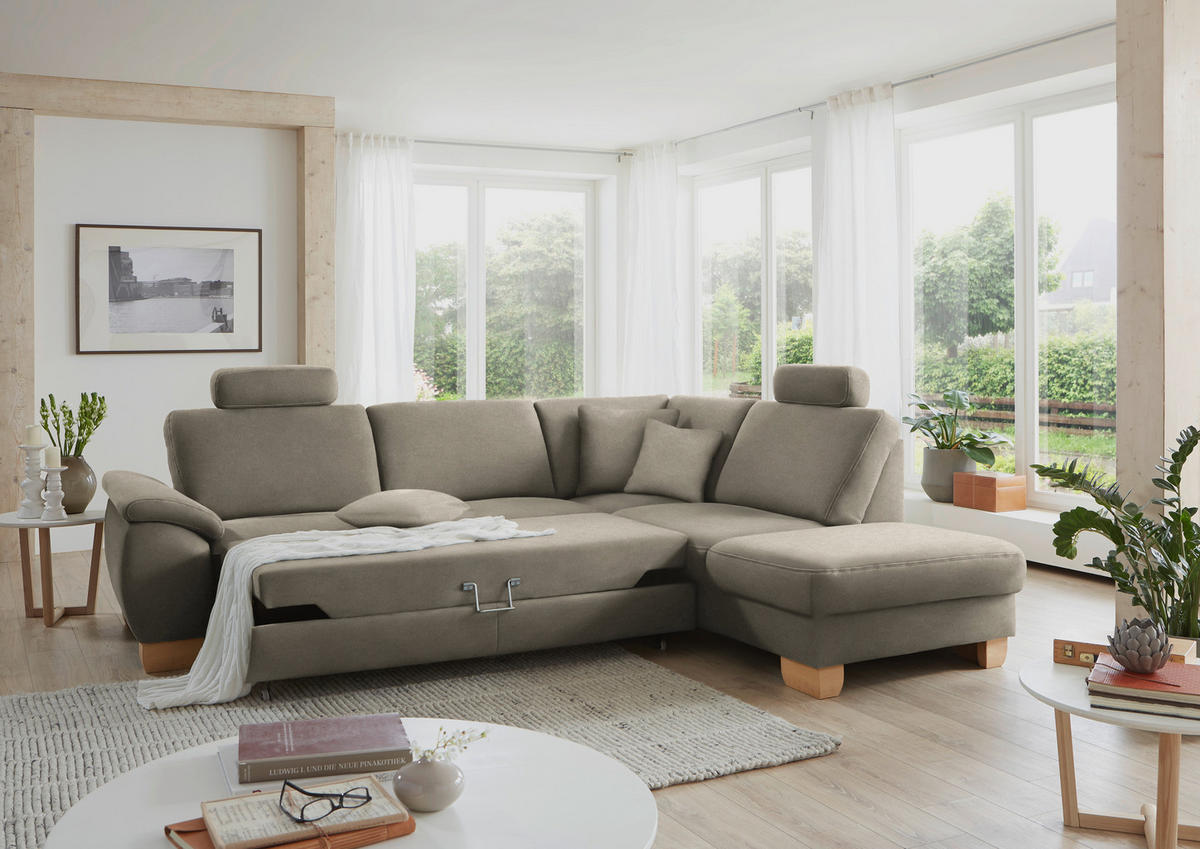 ECKSOFA in Mikrofaser Hellgrau  - Wildeiche/Beige, Natur, Holz/Textil (286/236cm) - Voleo