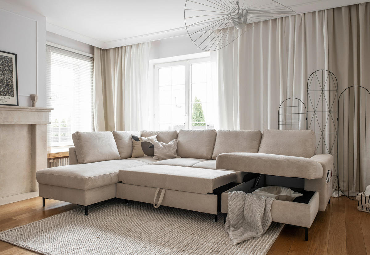 WOHNLANDSCHAFT Beige Cord  - Beige/Schwarz, Design, Textil/Metall (197/303/148cm) - MID.YOU