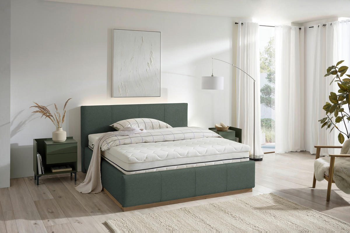 POLSTERBETT Beleuchtung, Lattenrost, Bettkasten Salbeigrün 200/200 cm  - Salbeigrün/Birkefarben, Design, Holz/Holzwerkstoff (200/200cm) - Lomoco