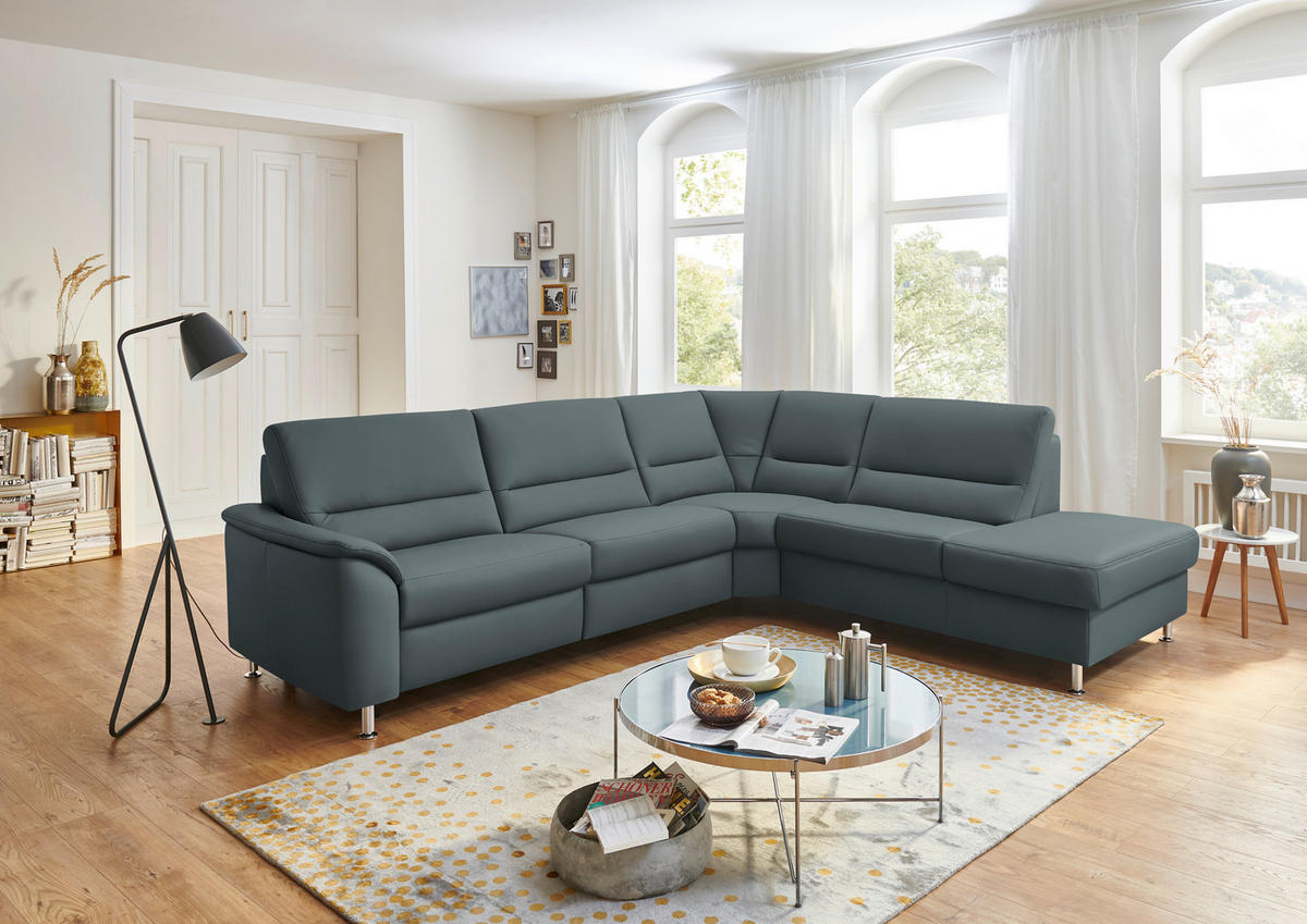 ECKSOFA in Echtleder Blaugrau  - Blaugrau/Alufarben, Konventionell, Leder/Metall (290/249cm) - Beldomo Premium