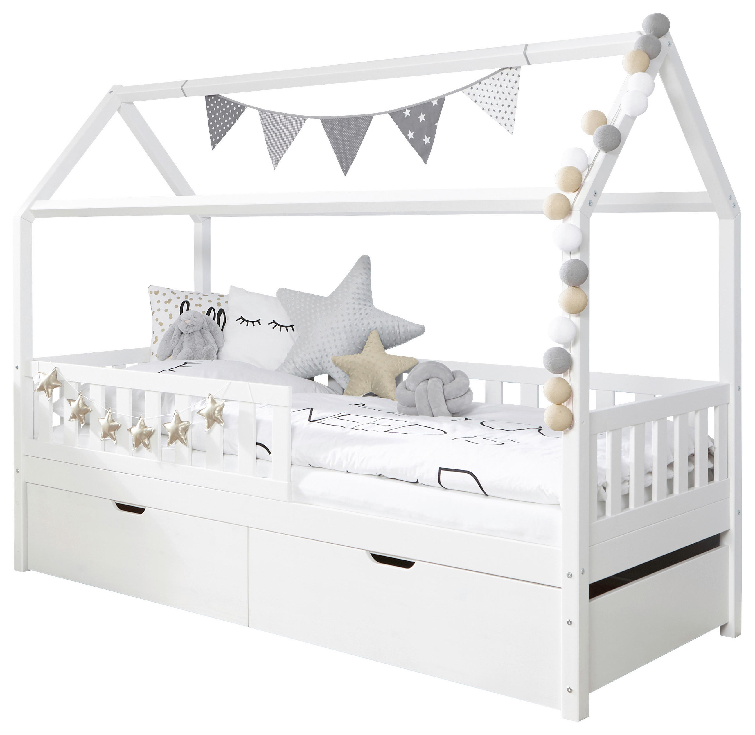 HAUSBETT 90/200 cm,  in Weiß, Absturzsicherung, Bettschublade  - Weiß, MODERN, Holz (90/200cm) - MID.YOU