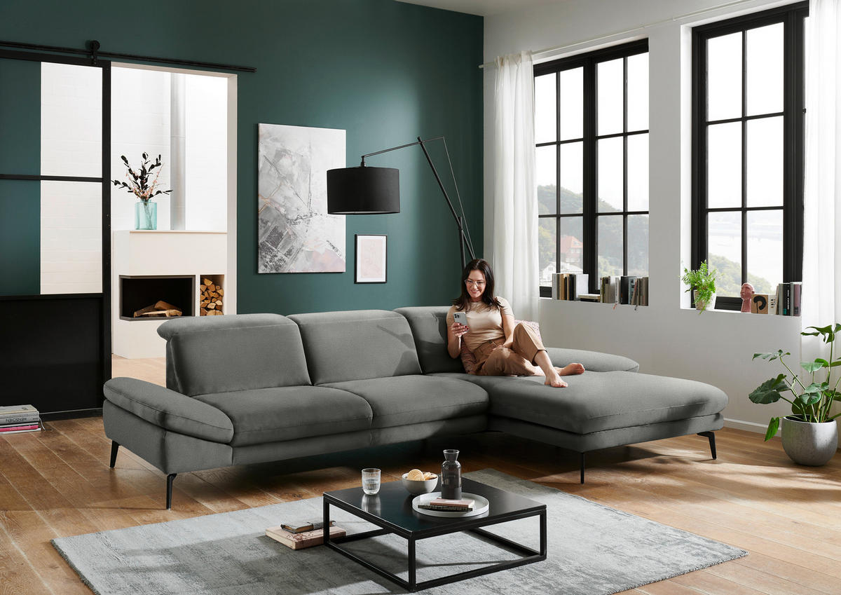 ECKSOFA in Chenille Grau  - Schwarz/Grau, Design, Textil/Metall (319/188cm) - Beldomo System