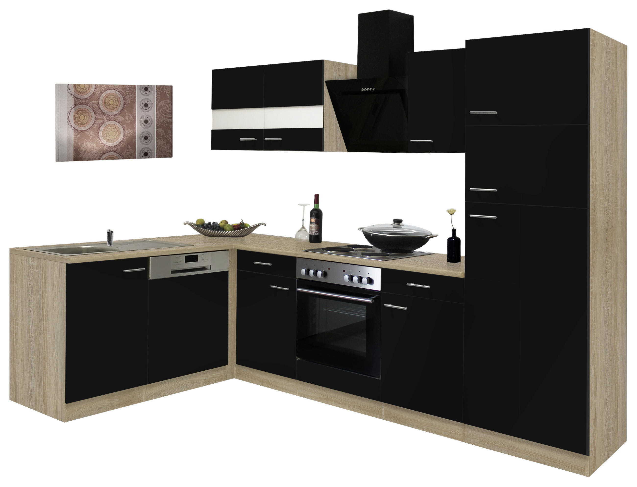 ECKKÜCHE 172/280 cm  in Schwarz, Eichefarben  - Eichefarben/Schwarz, Basics, Glas/Holzwerkstoff (172/280cm) - Respekta