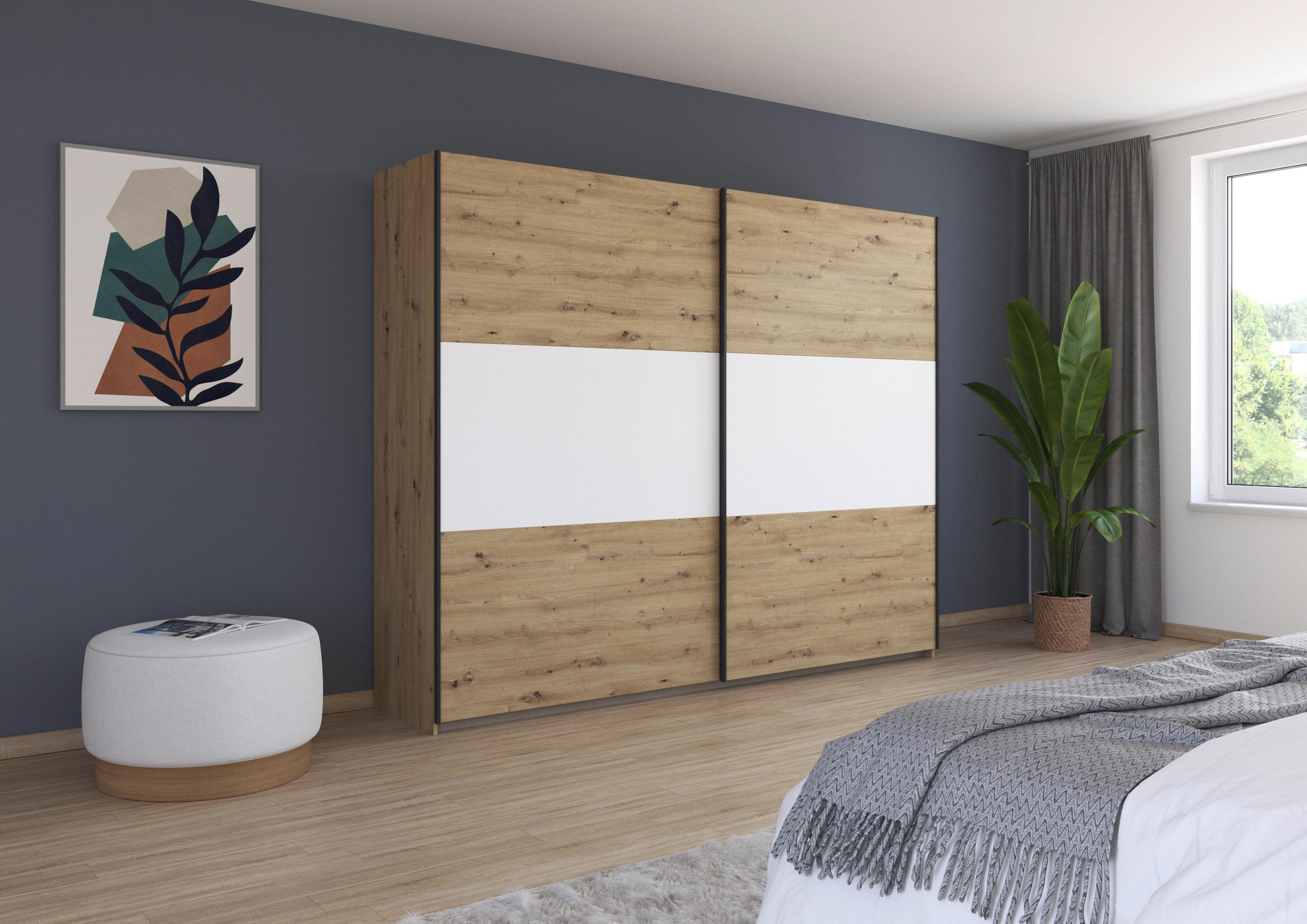 SCHWEBETÜRENSCHRANK 261/210/59 cm 2-türig Weiß, Alufarben, Eiche Artisan  - Alufarben/Weiß, MODERN, Holzwerkstoff/Metall (261/210/59cm) - Rauch Möbel