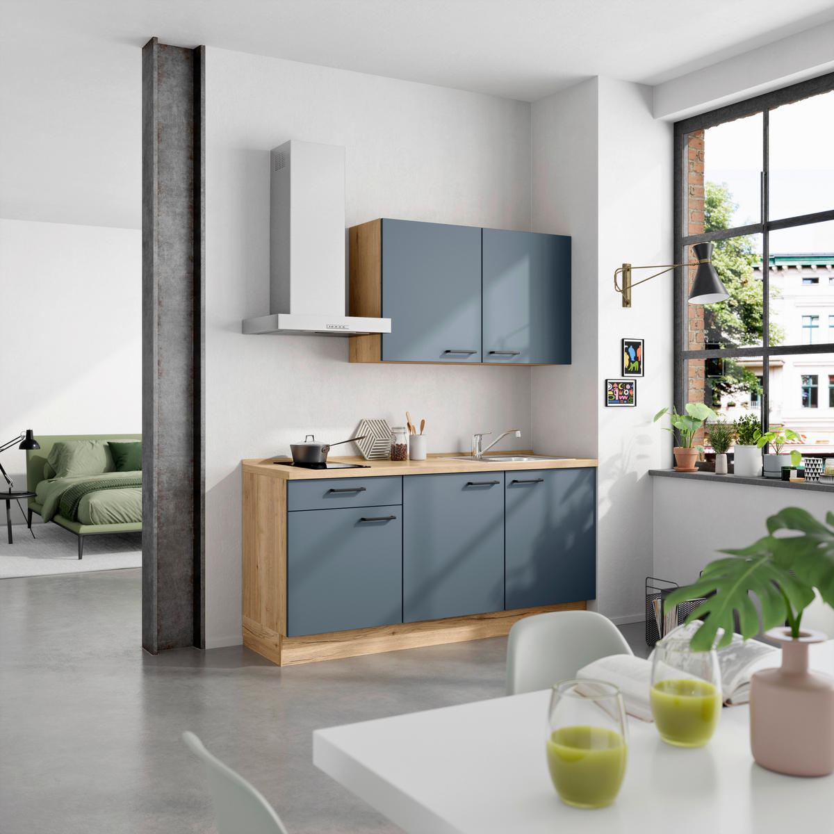 KÜCHENBLOCK Easytouch 180 cm  in Blau, Eichefarben  - Blau/Eichefarben, MODERN, Holzwerkstoff/Metall (180cm) - Nobilia