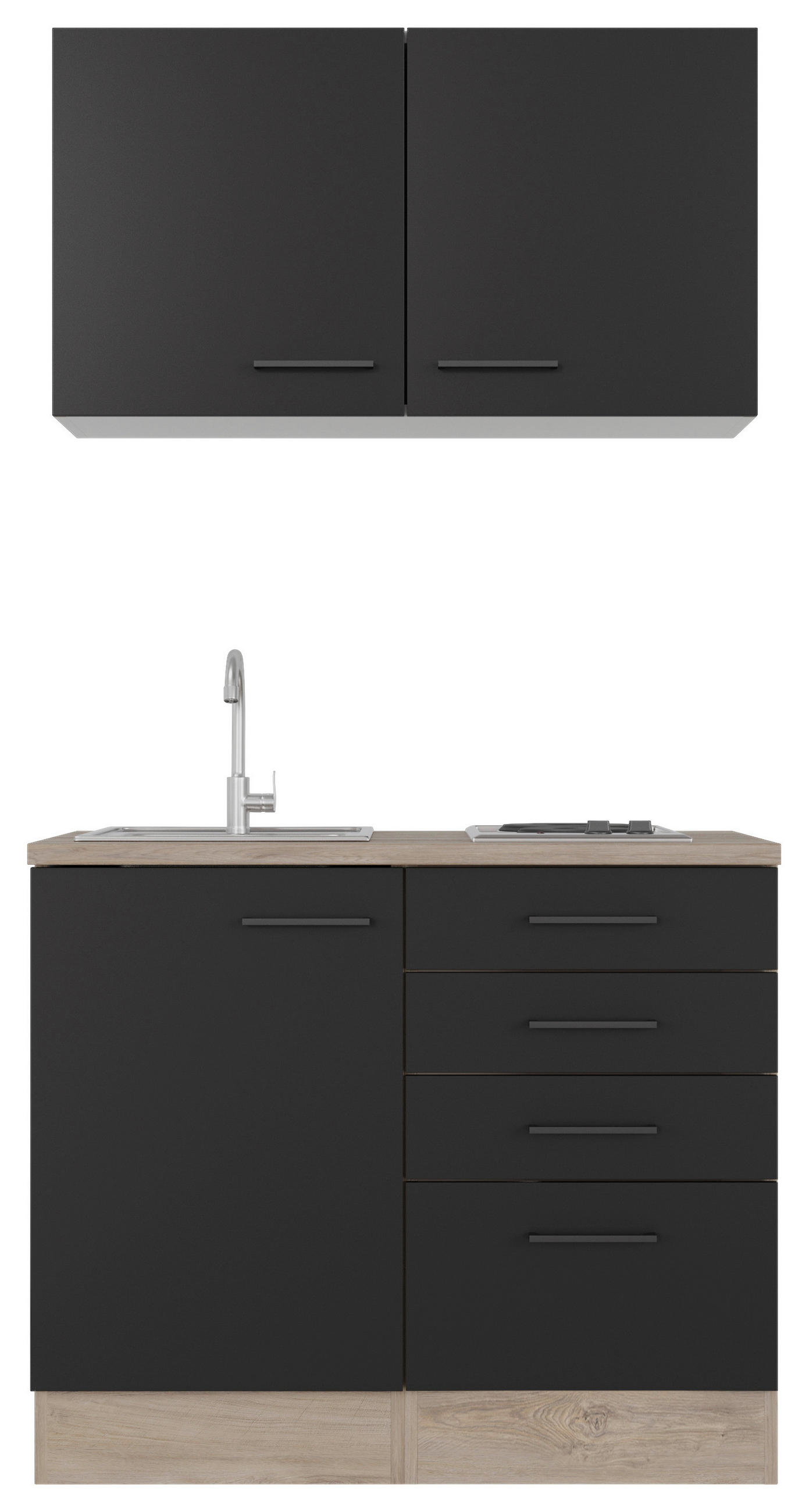 FlexWell Miniküche Schwarz, Eiche 100 cm