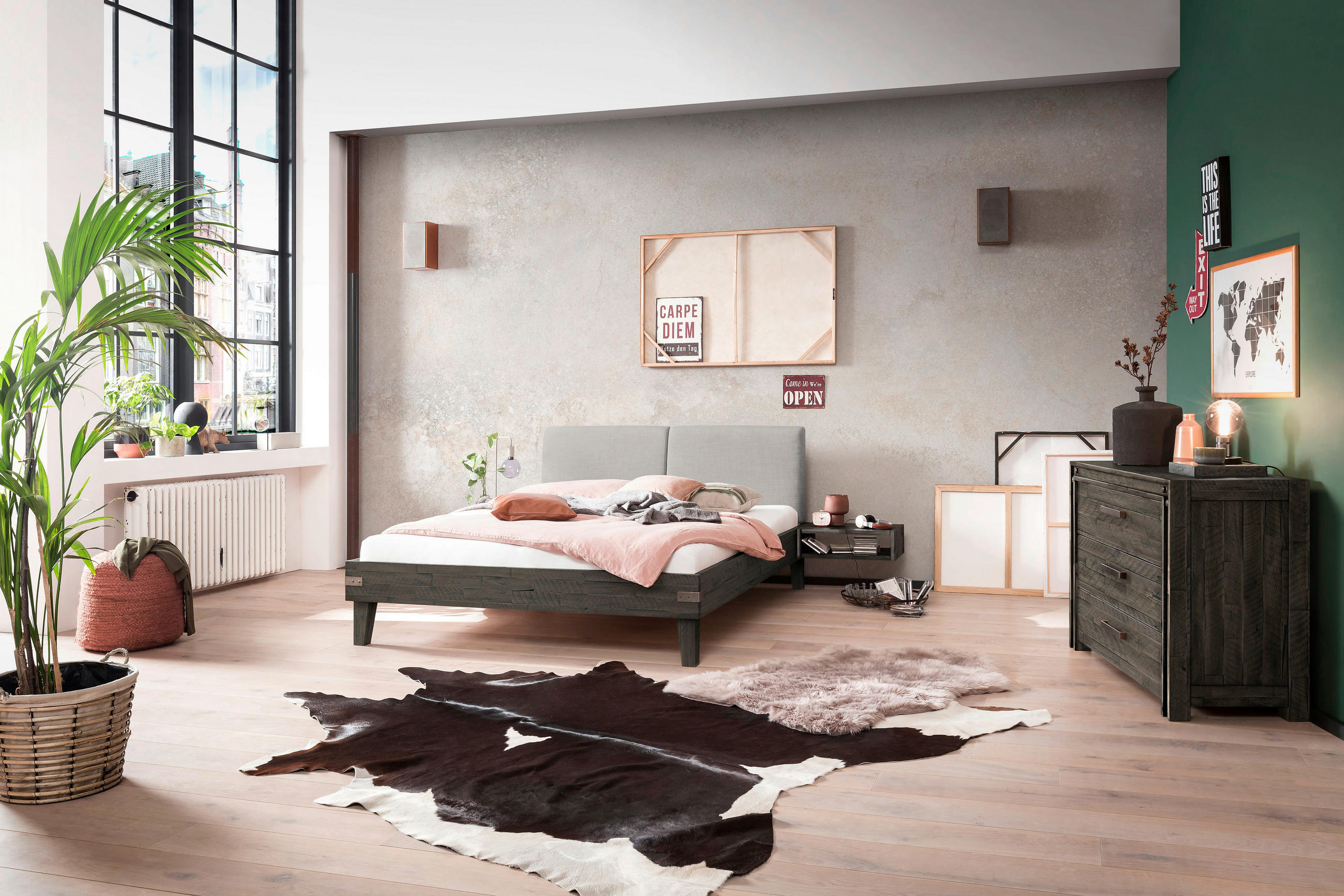 BETT 180/200 cm  in Akaziefarben, Hellgrau, Dunkelgrau   - Dunkelgrau/Hellgrau, Modern, Holz/Textil (180/200cm) - Hasena