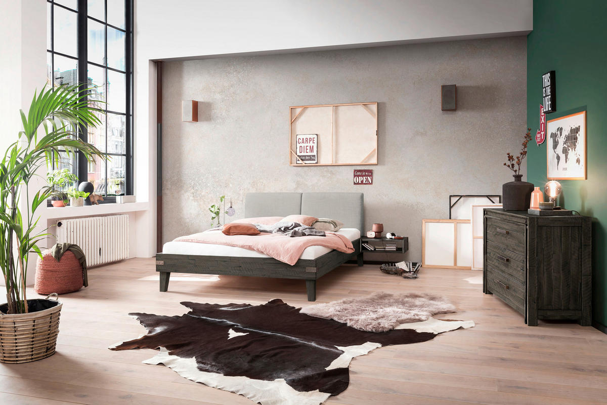 BETT 180/200 cm  in Akaziefarben, Hellgrau, Dunkelgrau   - Dunkelgrau/Hellgrau, Modern, Holz/Textil (180/200cm) - Hasena