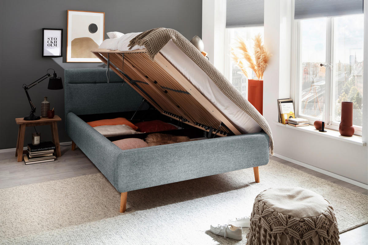 POLSTERBETT Lattenrost, Bettkasten Pastellblau 140/200 cm  - Pastellblau/Eichefarben, KONVENTIONELL, Holz/Textil (140/200cm) - Boxxx