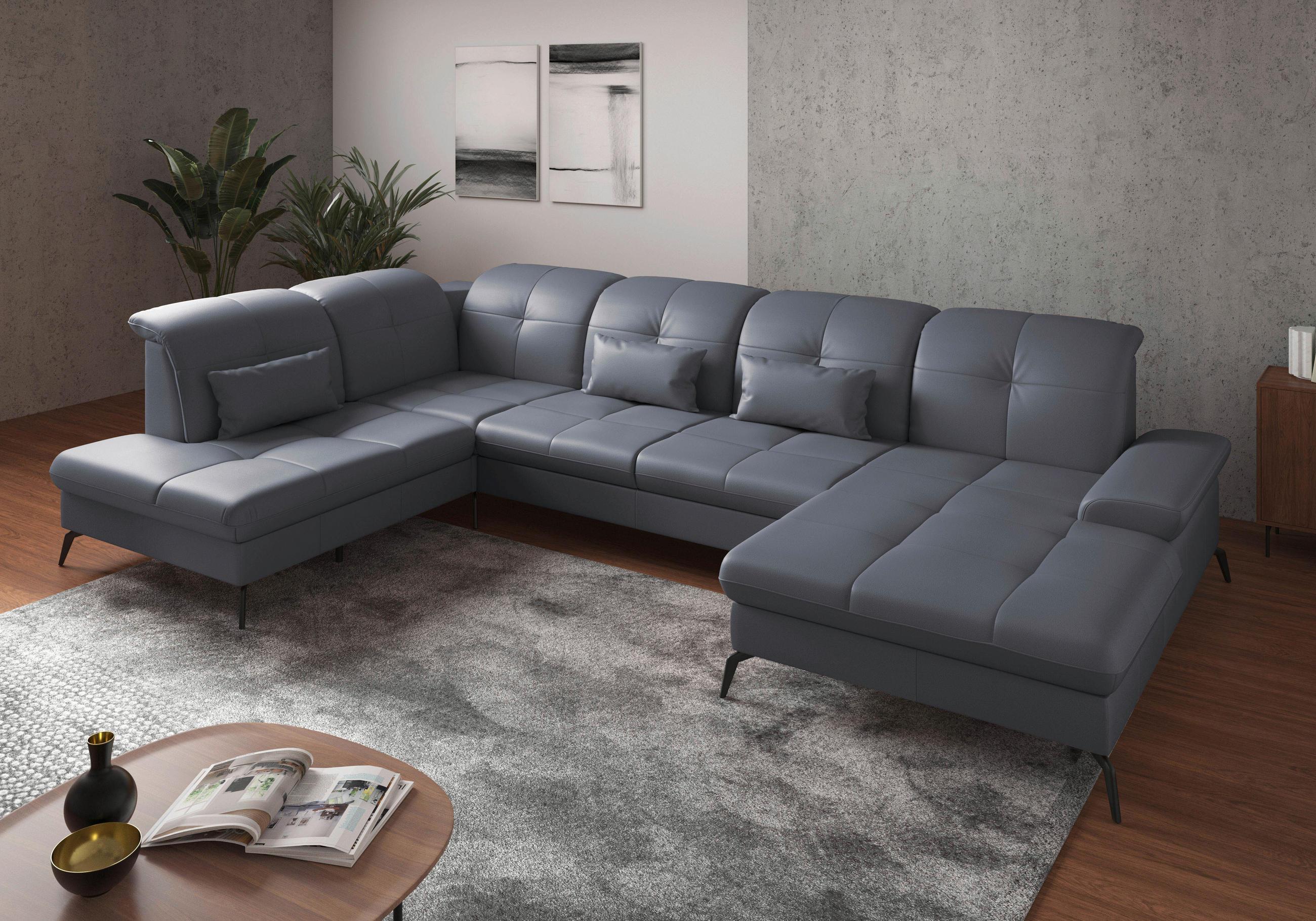 WOHNLANDSCHAFT in Vliesstoff Kombination Echtleder/Stoff Graublau  - Graublau/Schwarz, Konventionell, Leder/Textil (231/357/185cm) - Sit & More