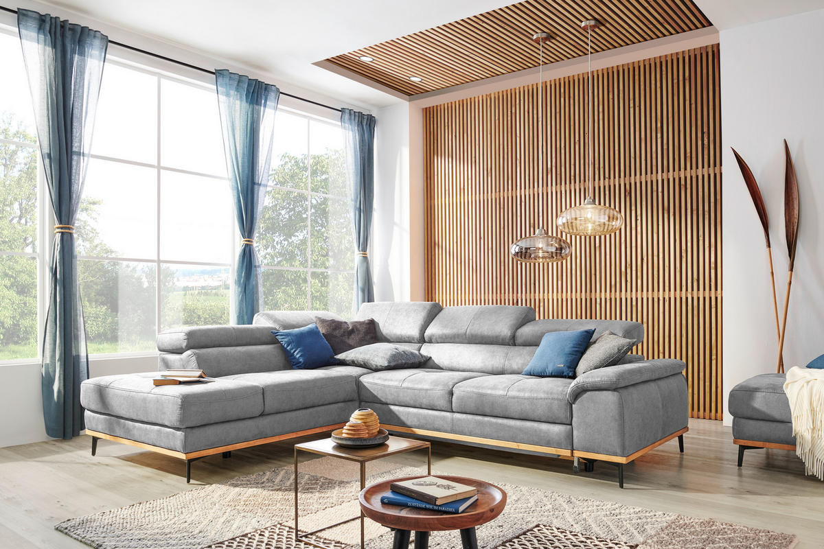 ECKSOFA in Webstoff Hellgrau  - Hellgrau/Schwarz, Natur, Holz/Textil (226/282cm) - Novel