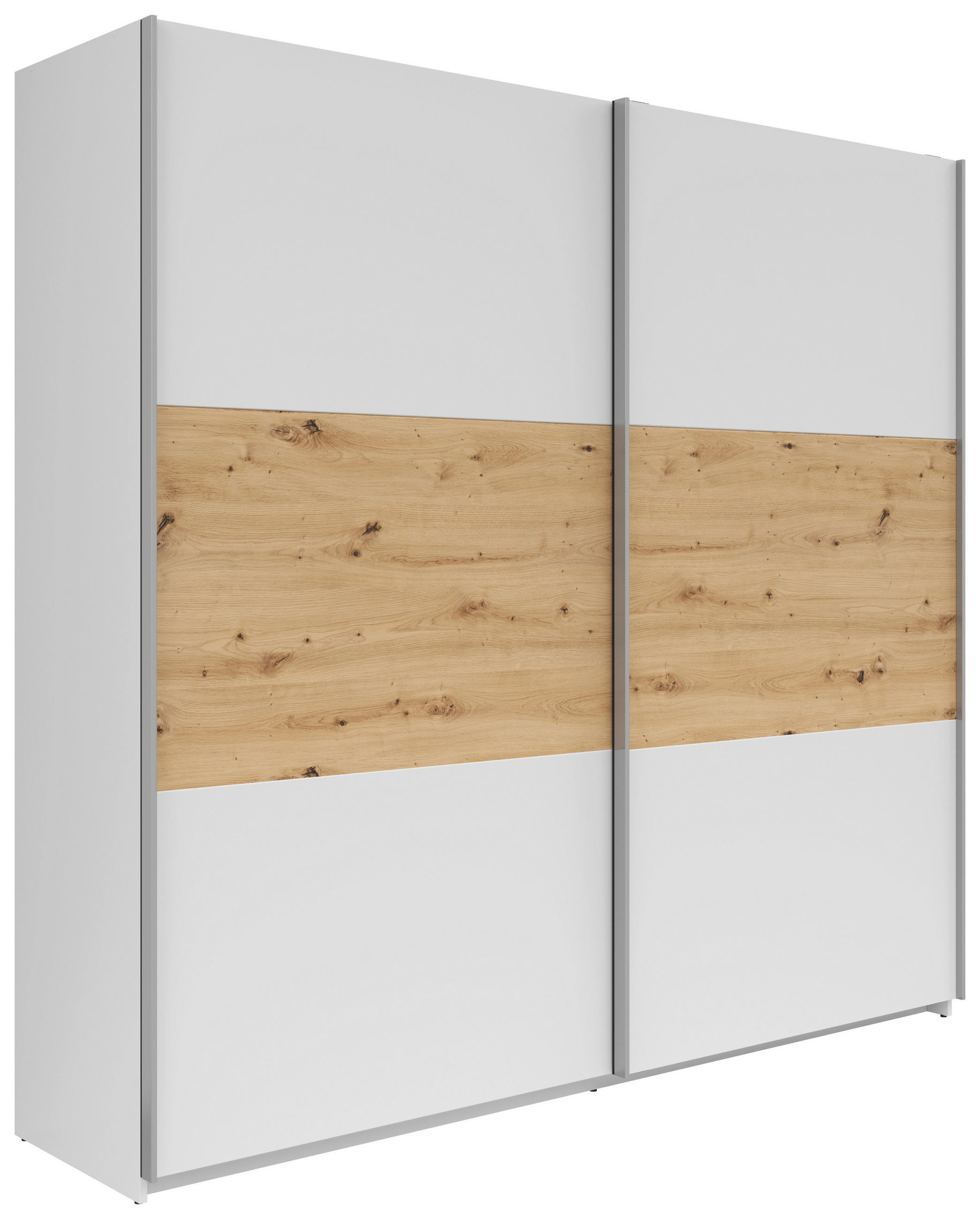SCHWEBETÜRENSCHRANK 218/210/59 cm 2-türig Weiß, Eiche Artisan  - Silberfarben/Weiß, KONVENTIONELL, Holzwerkstoff/Metall (218/210/59cm)