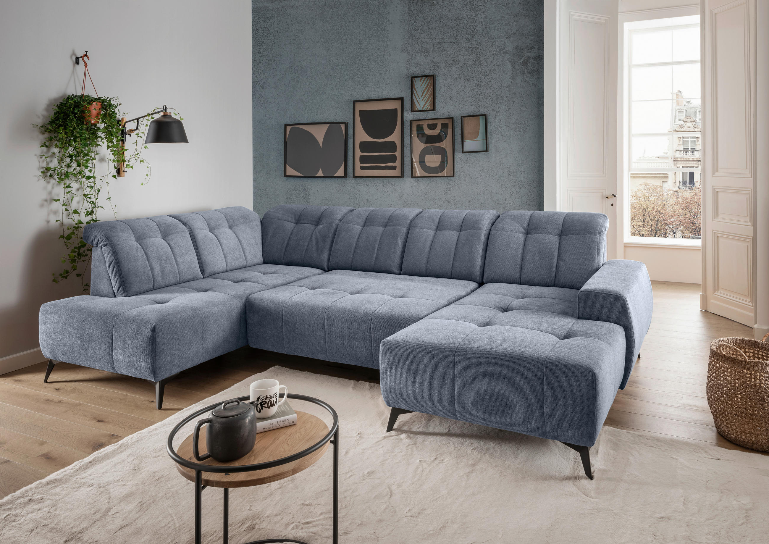 WOHNLANDSCHAFT SANO Hellblau Chenille  - Schwarz/Hellblau, MODERN, Textil/Metall (200/337/180cm) - Livetastic