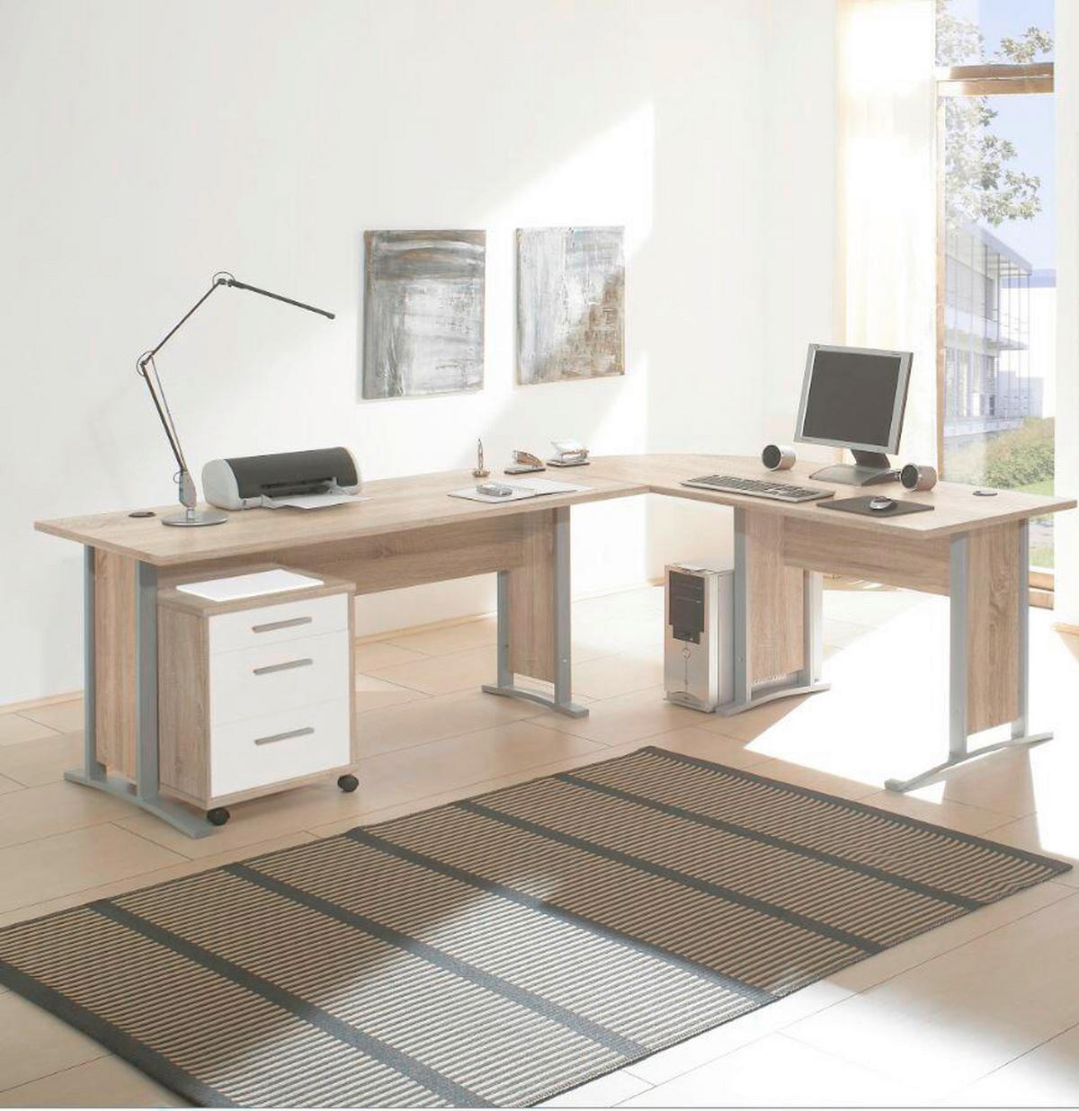 PISALNA MIZA leseni material hrast sonoma, bela  - srebrne barve/bela, Design, umetna masa/leseni material (220/170cm) - Boxxx