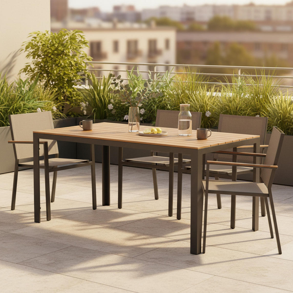 GARTENTISCH 150/90/75 cm Metall, Kunststoff rechteckig  - Schwarz/Naturfarben, KONVENTIONELL, Kunststoff/Metall (150/90/75cm) - Gardenson