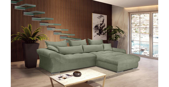 Carryhome ECKSOFA Olivgrün Cord, rechts davon: Couchtisch, Topfpflanze in grün, Bild in hellem Wohnzimmer.