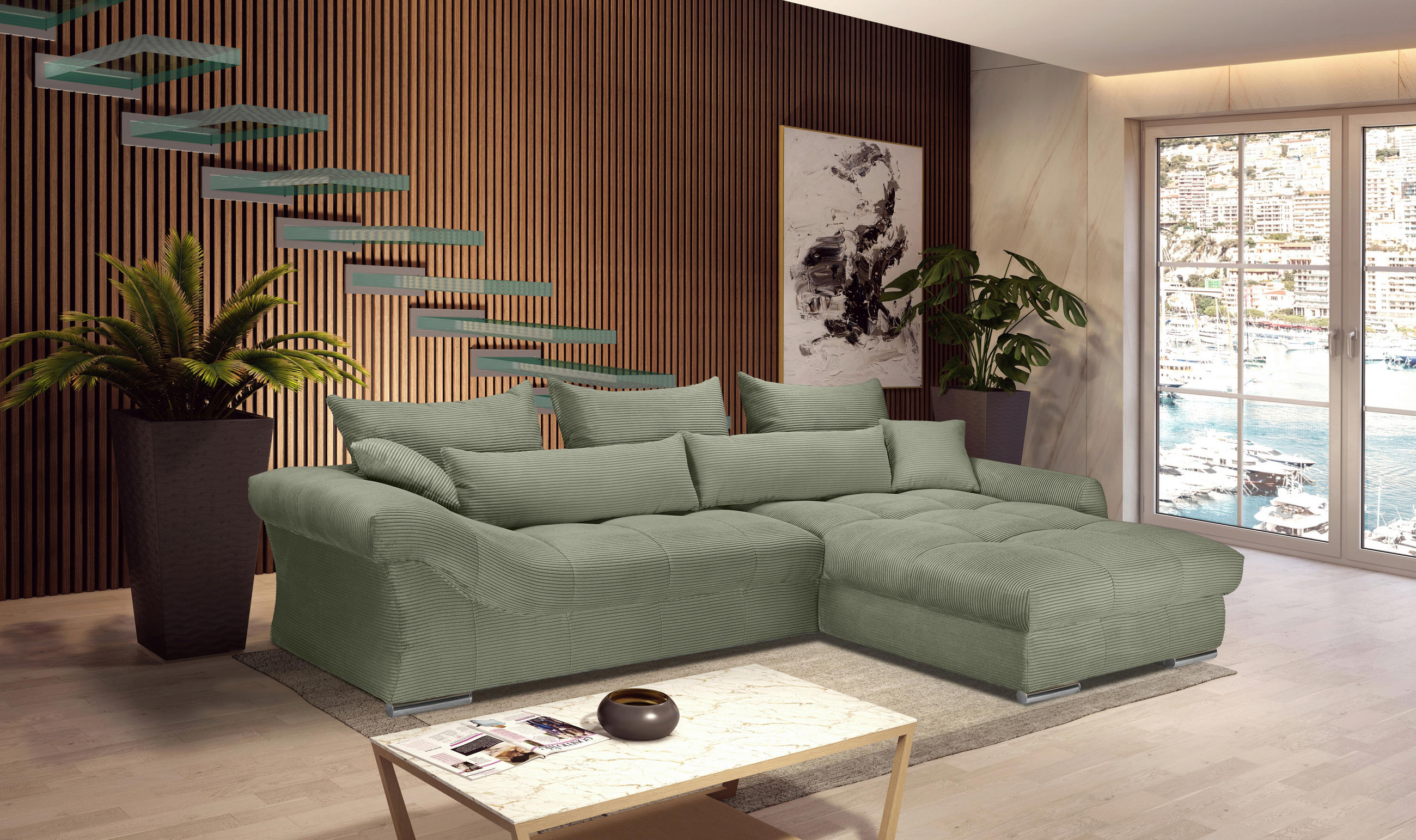 Carryhome ECKSOFA Olivgrün Cord, rechts davon: Couchtisch, Topfpflanze in grün, Bild in hellem Wohnzimmer.