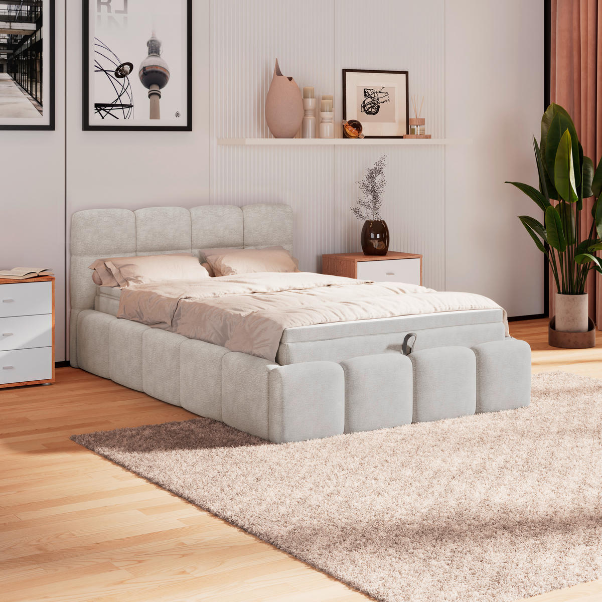 POLSTERBETT 140/200 cm,  in Creme, Matratze, Bettkasten, H3 = fest  - Creme/Schwarz, Trend, Kunststoff/Textil (140/200cm)