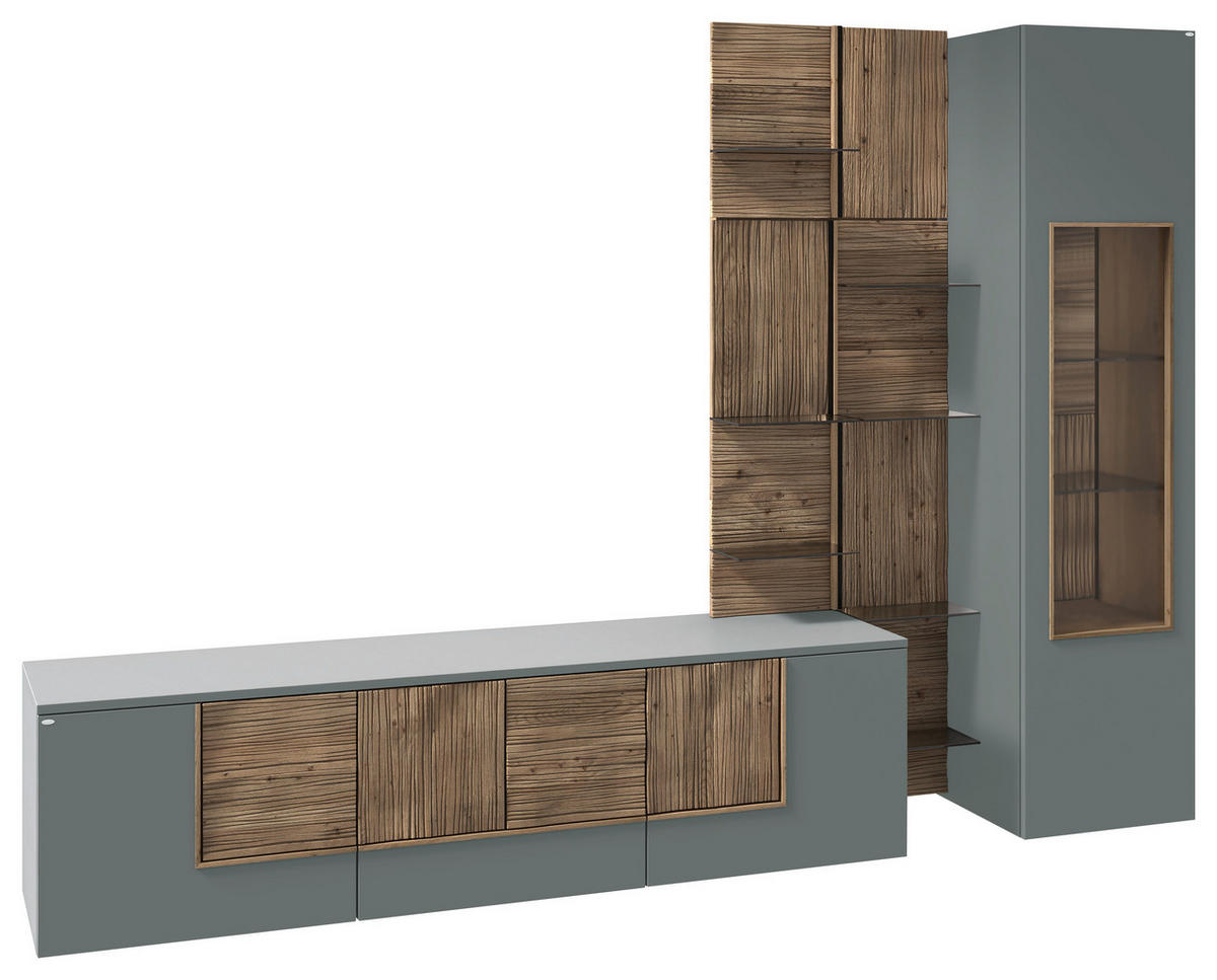 WOHNWAND VLACERA LIVING  in Grau, Olivgrün, Wildeiche  272/196/50 cm  - Wildeiche/Olivgrün, Design, Glas/Holz (272/196/50cm) - Voglauer