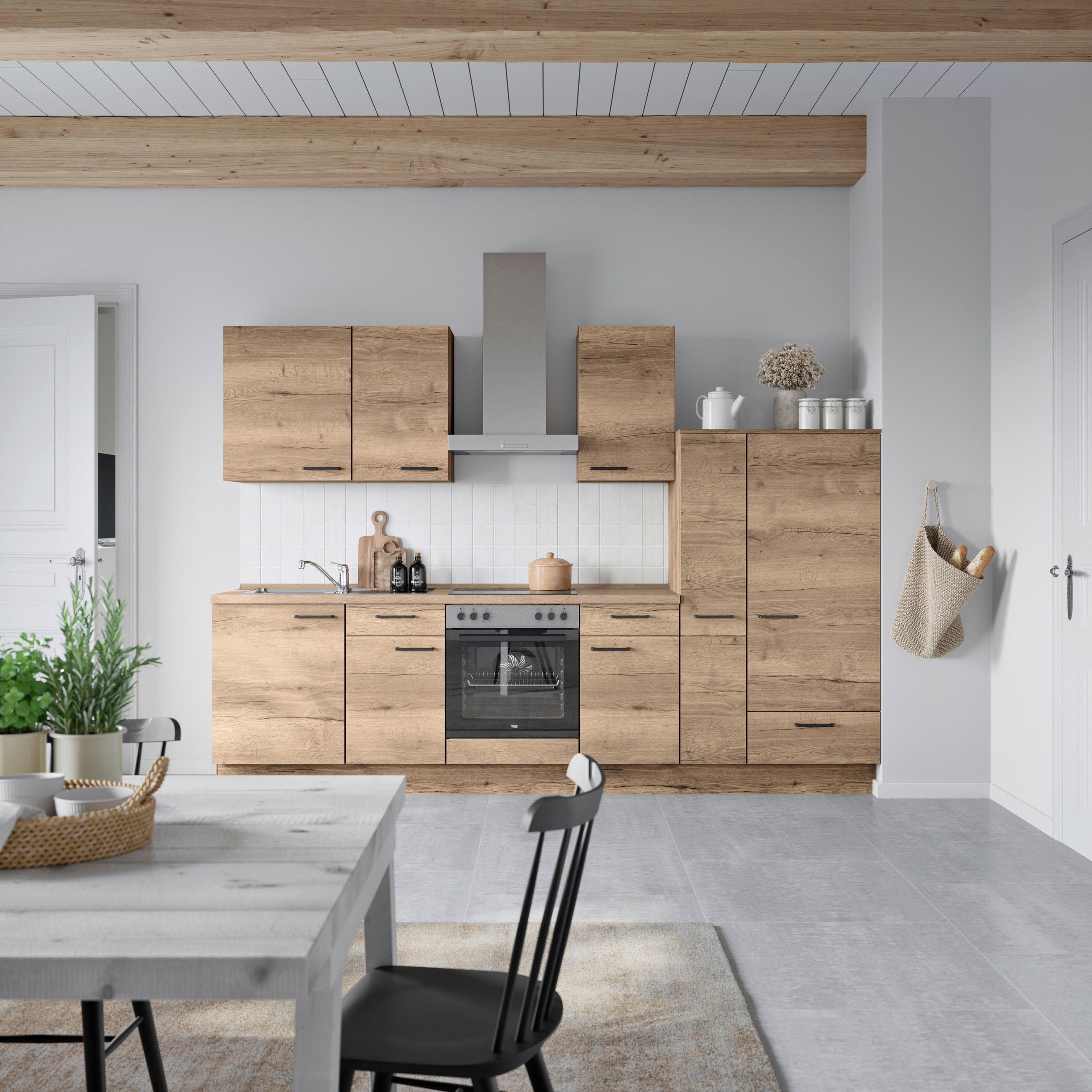 KÜCHENBLOCK 300 cm   in Eiche dunkel  - Eiche dunkel/Eichefarben, MODERN, Holzwerkstoff/Metall (300cm) - Nobilia