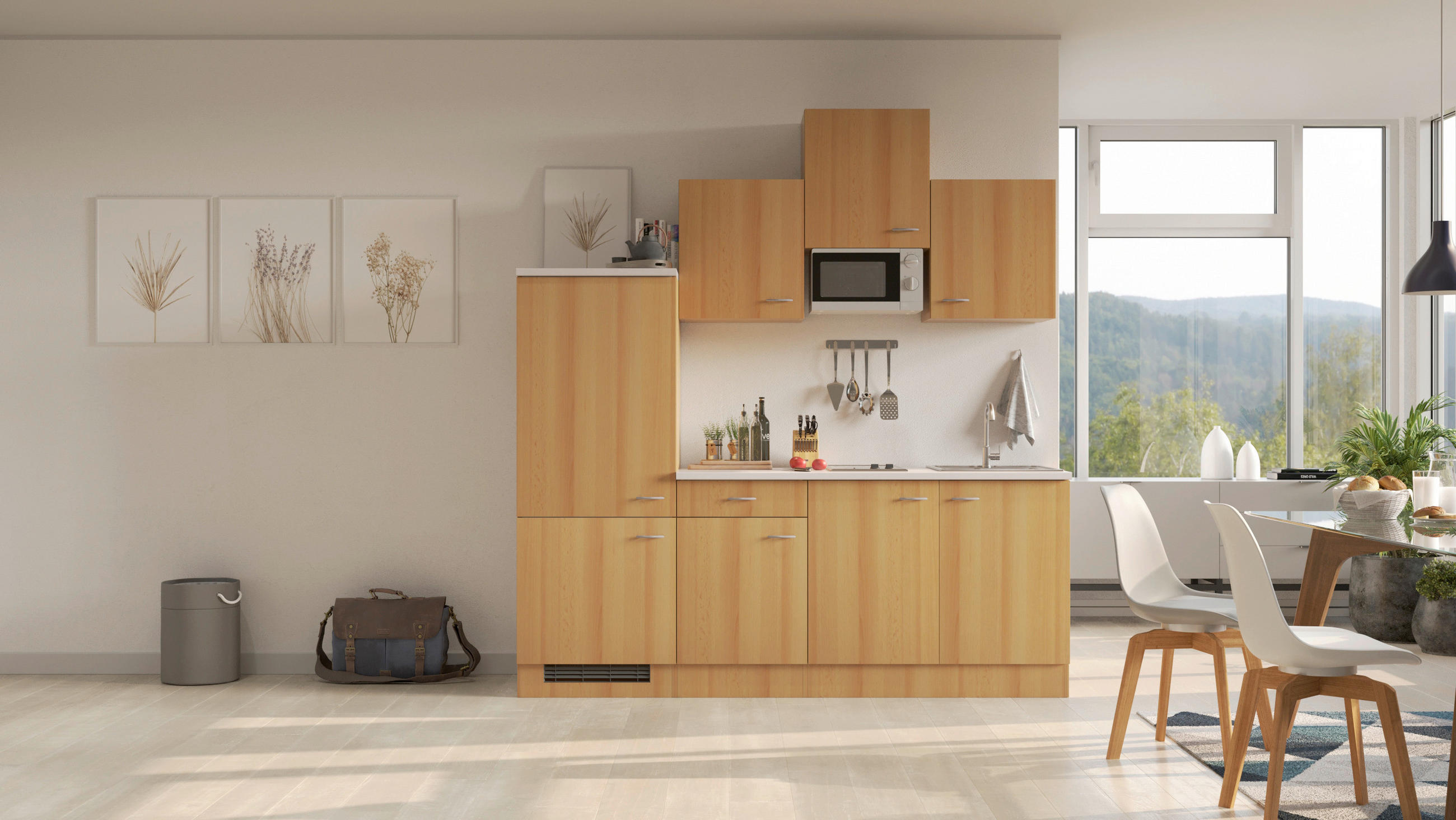 KÜCHENBLOCK 210 cm   in Buchefarben  - Edelstahlfarben/Beige, MODERN, Holzwerkstoff/Kunststoff (210cm) - FlexWell