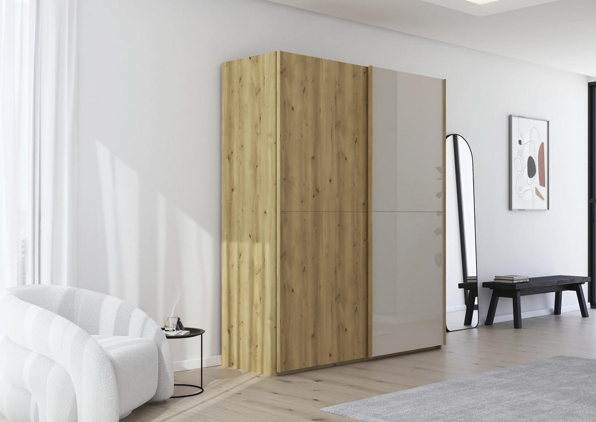 SCHWEBETÜRENSCHRANK 180/223/68 cm 2-türig Eichefarben, Champagner  - Champagner/Eichefarben, Design, Glas/Holz (180/223/68cm) - Novel
