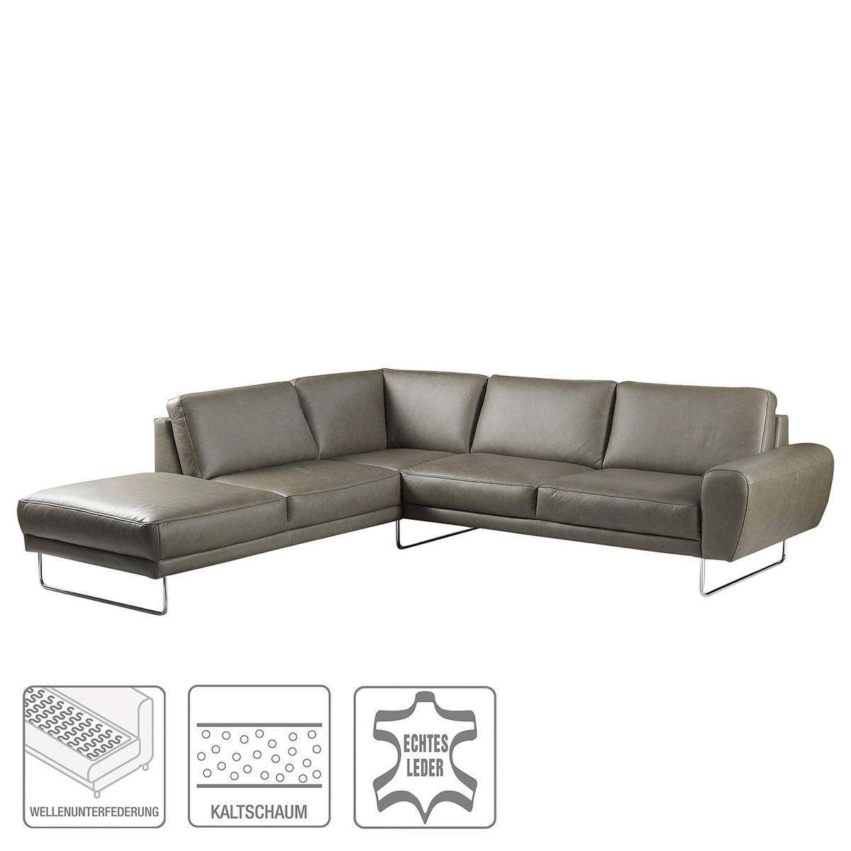ECKSOFA in Echtleder Grau  - Chromfarben/Grau, Design, Leder/Metall (250/273cm) - Livetastic