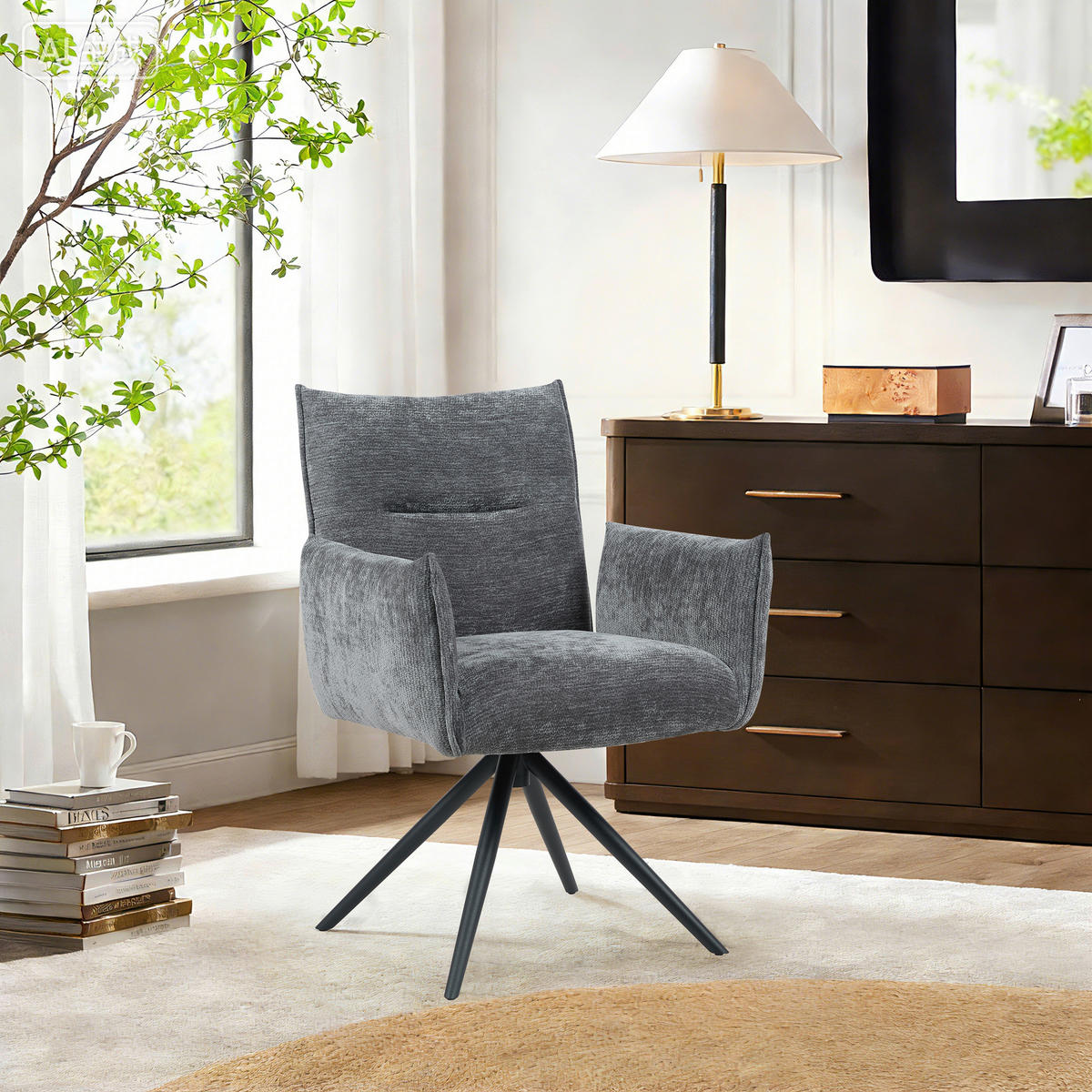 ARMLEHNSTUHL  Sitzfläche 360° drehbar, automatische Rückholfunktion Leinenoptik  - Schwarz/Grau, Design, Textil/Metall (67/86/62cm) - Stylife