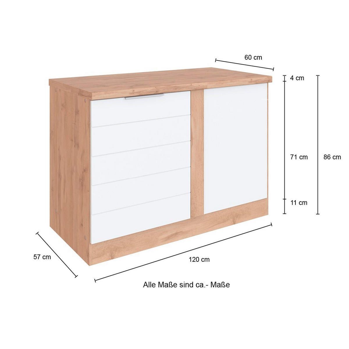 ECKUNTERSCHRANK 120/86/60 cm  - Weiss/Eiche Wotan, Design, Holzwerkstoff/Metall (120/86/60cm) - Held