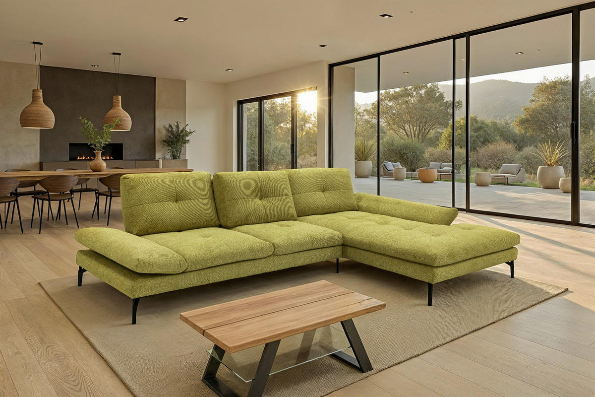 ECKSOFA Hellgelb Struktur Rücken echt  - Hellgelb/Schwarz, Design, Textil/Metall (340/203cm) - Chilliano