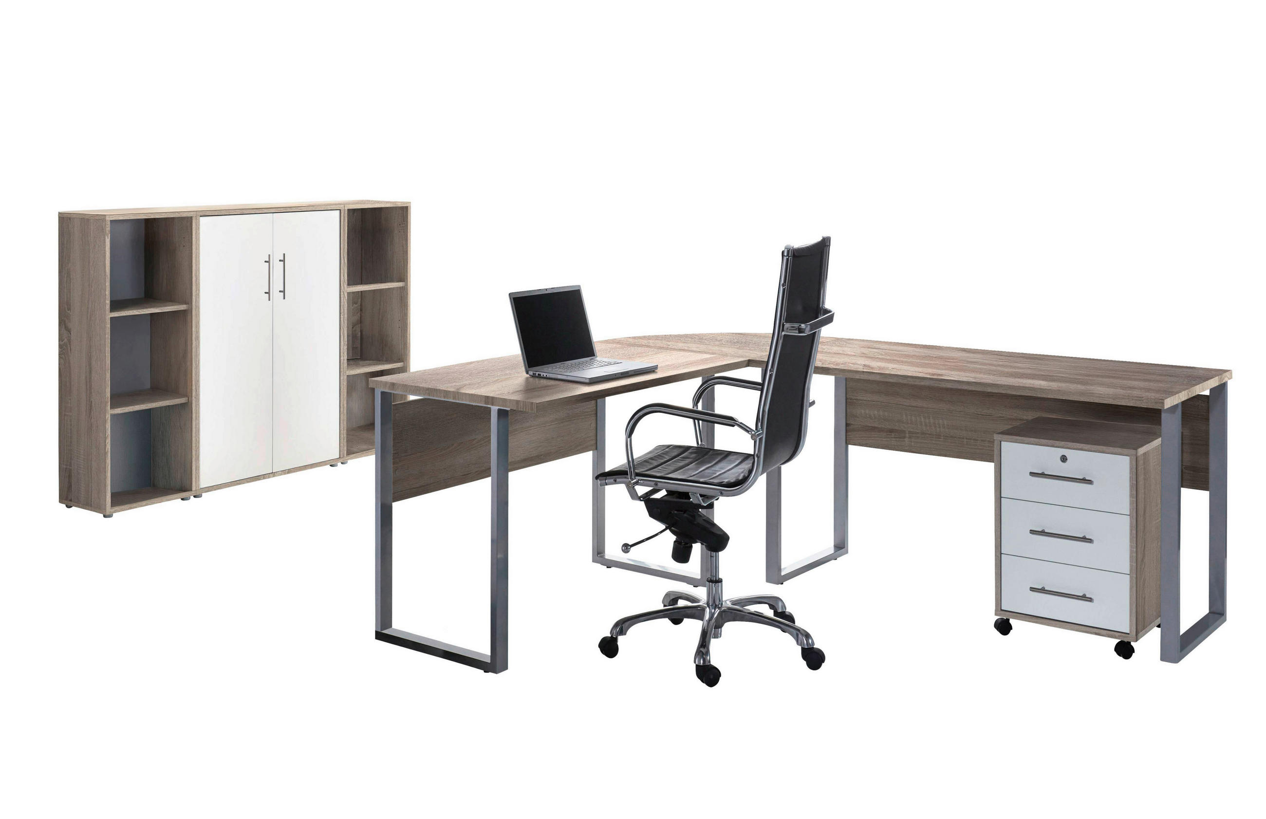 BÜRO erweiterbar, in verschiedenen Holz-Dekoren erhältlich, Schreibtisch seitenverkehrt montierbar, abschließbar Weiß, Sonoma Eiche - Weiß/Sonoma Eiche, MODERN, Holzwerkstoff - MID.YOU