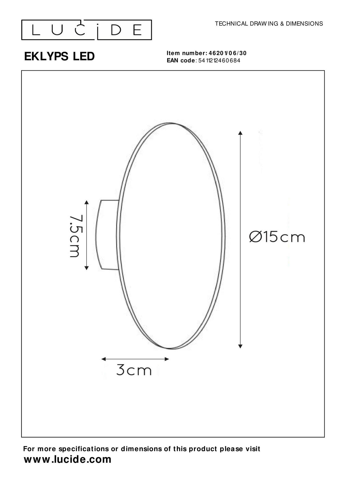 LED-WANDLEUCHTE 15/3 cm   - Schwarz, Design, Metall (15/3cm) - Lucide