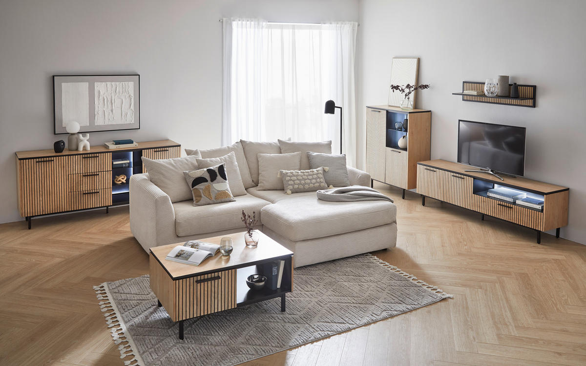 ECKSOFA Naturfarben Cord  - Schwarz/Naturfarben, Design, Kunststoff/Textil (235/175cm) - home24